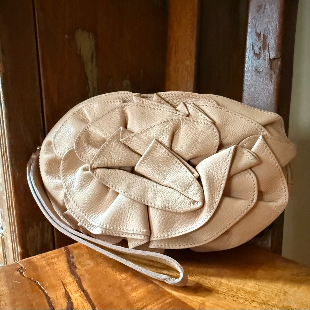 Vintage Yves Saint Laurent Nude Leather Ruffle Clutch Wristlet Bag